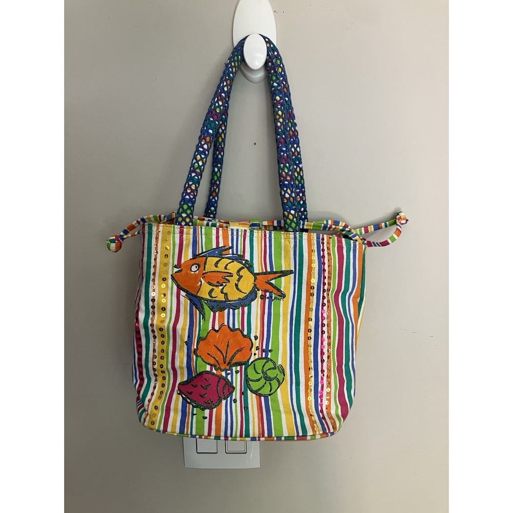 Vintage Sally Huss Life Is Wonderful Beach Canvas Tote Bag Fish Turtle Striped
